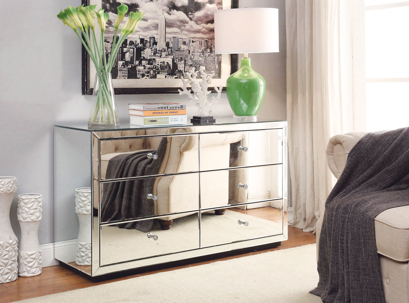 BOULEVARD Silver Mirror Dresser Low Chest 6 Drawers