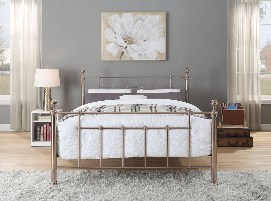 CHADSTONE King Bed Rose Gold Plated with Round Metal Finials