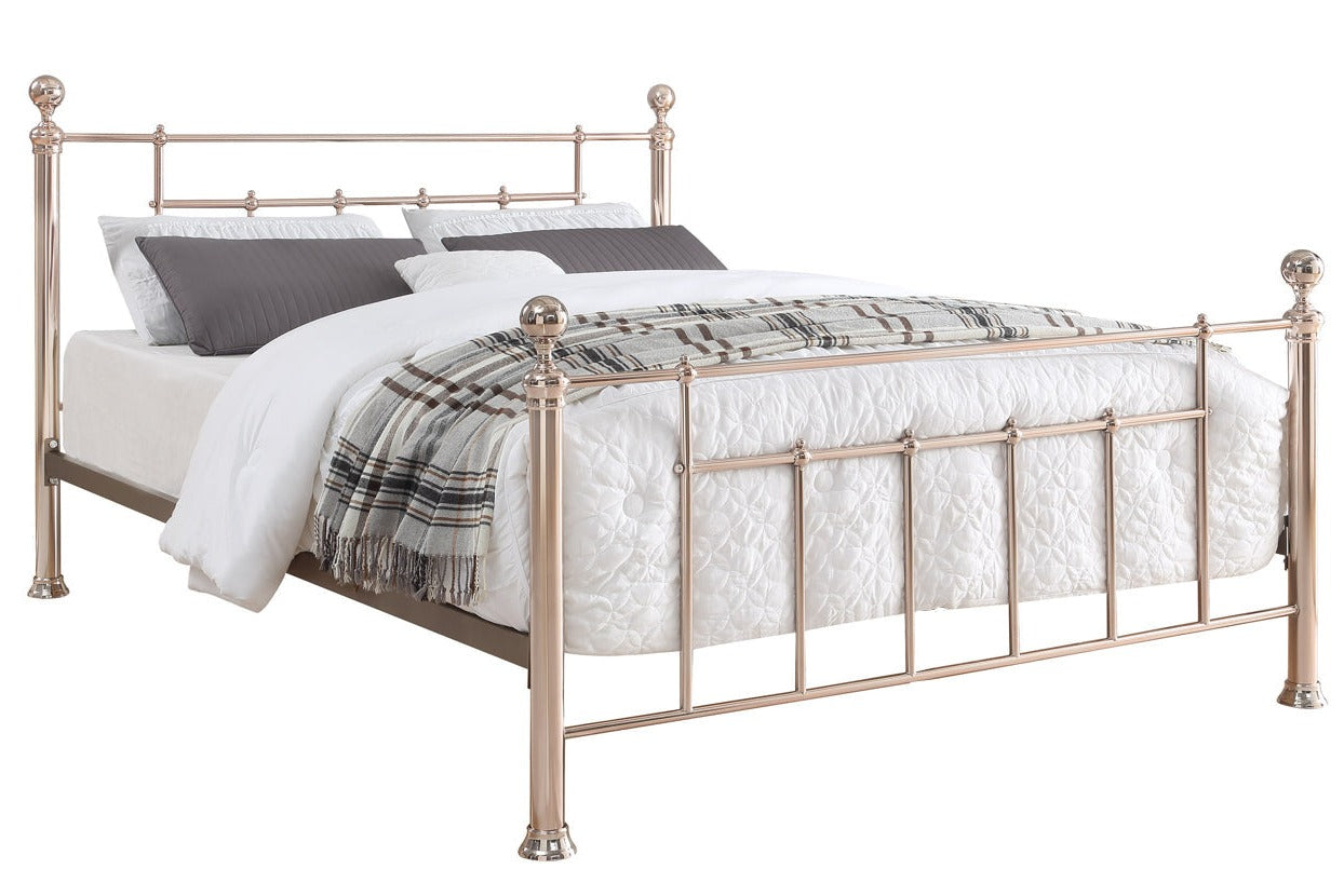 CHADSTONE Queen Bed Rose Gold Plated with Round Metal Finials