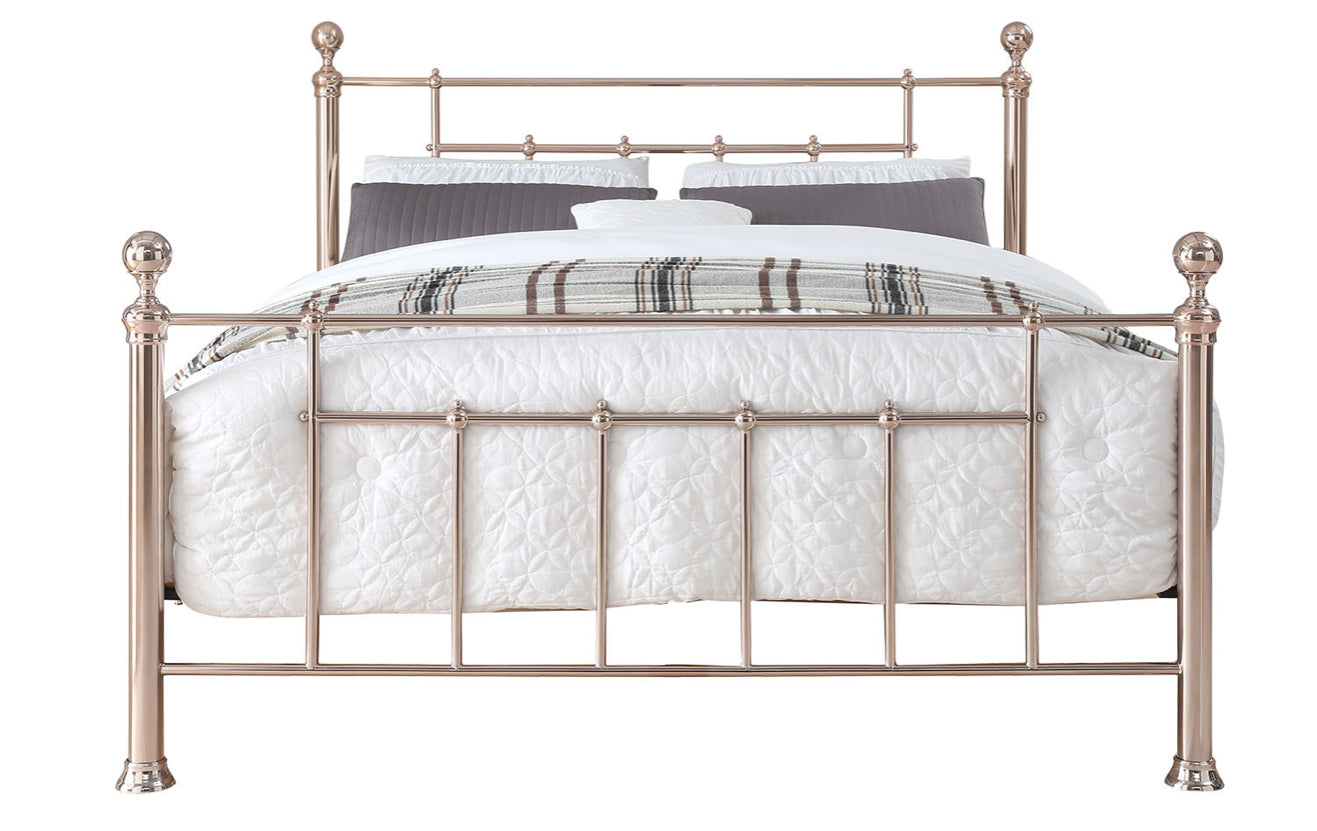 CHADSTONE Queen Bed Rose Gold Plated with Round Metal Finials