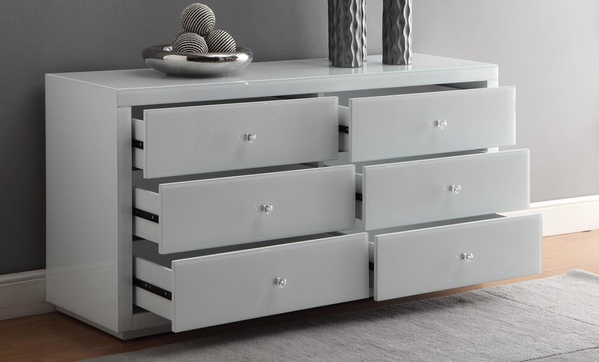 VENICE White Glass Dressing Table Low Chest 6 Drawers