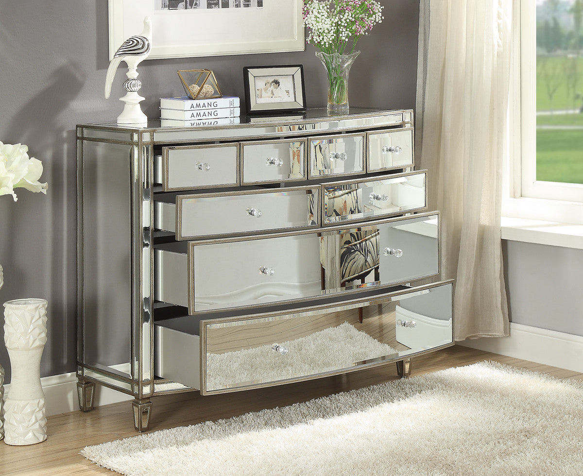 ROCHELLE Mirror Wide Chest 8 Drawers Antique Brushed Silver Wood Frame