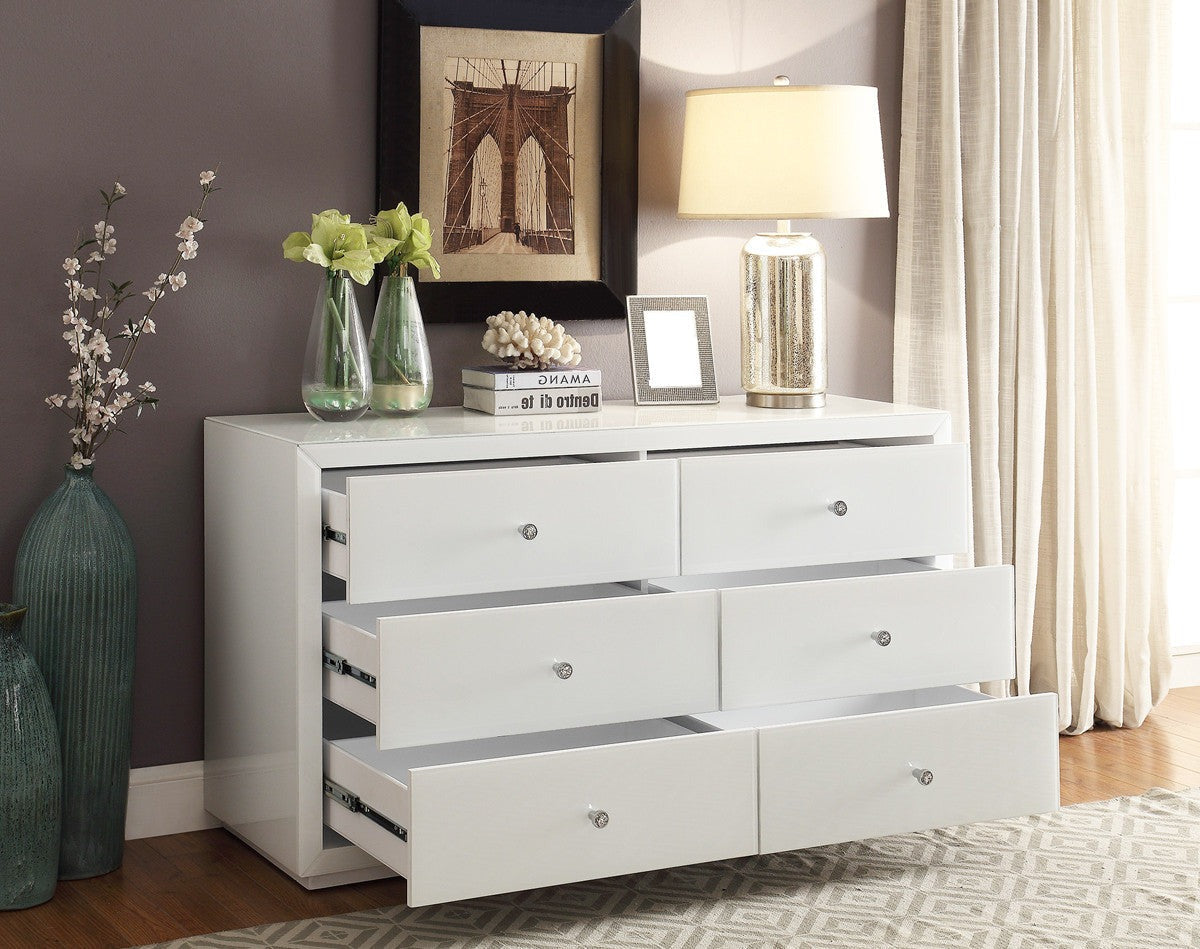 BOULEVARD WHITE GLASS Dresser Low Chest 6 Drawers