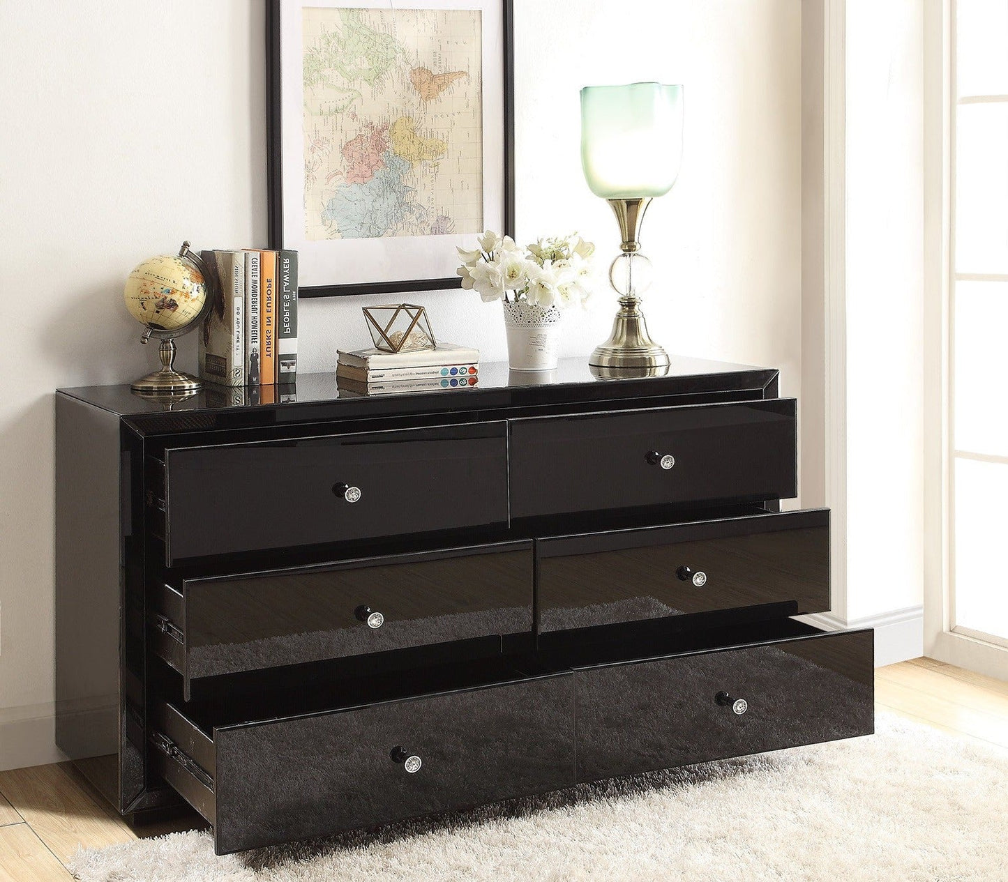 BOULEVARD BLACK GLASS Dresser Low Chest 6 Drawers