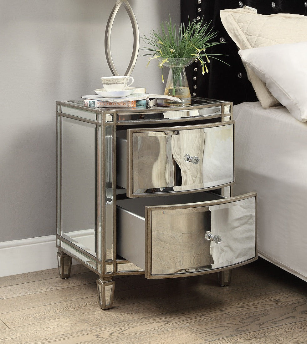 ROCHELLE Mirror Bedside Table, 2 drawers - Antique Brushed Silver Wood Frame