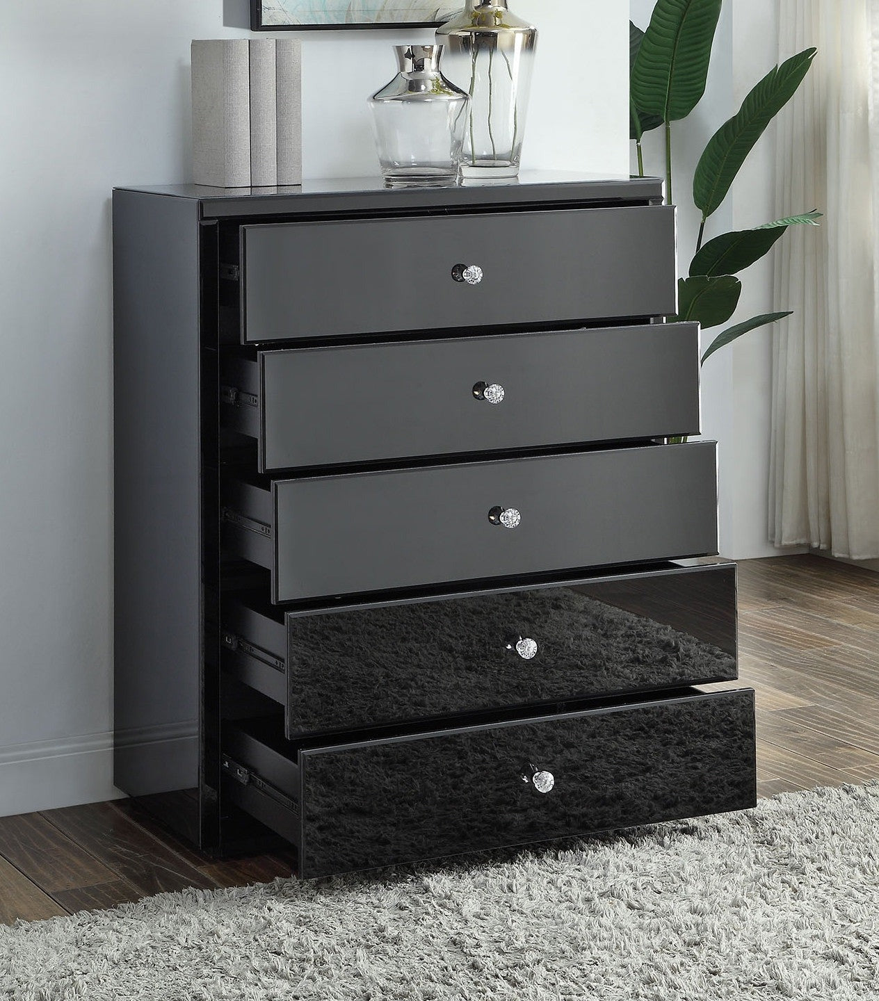 VENICE Black Glass Mirror Tallboy 5 Drawer