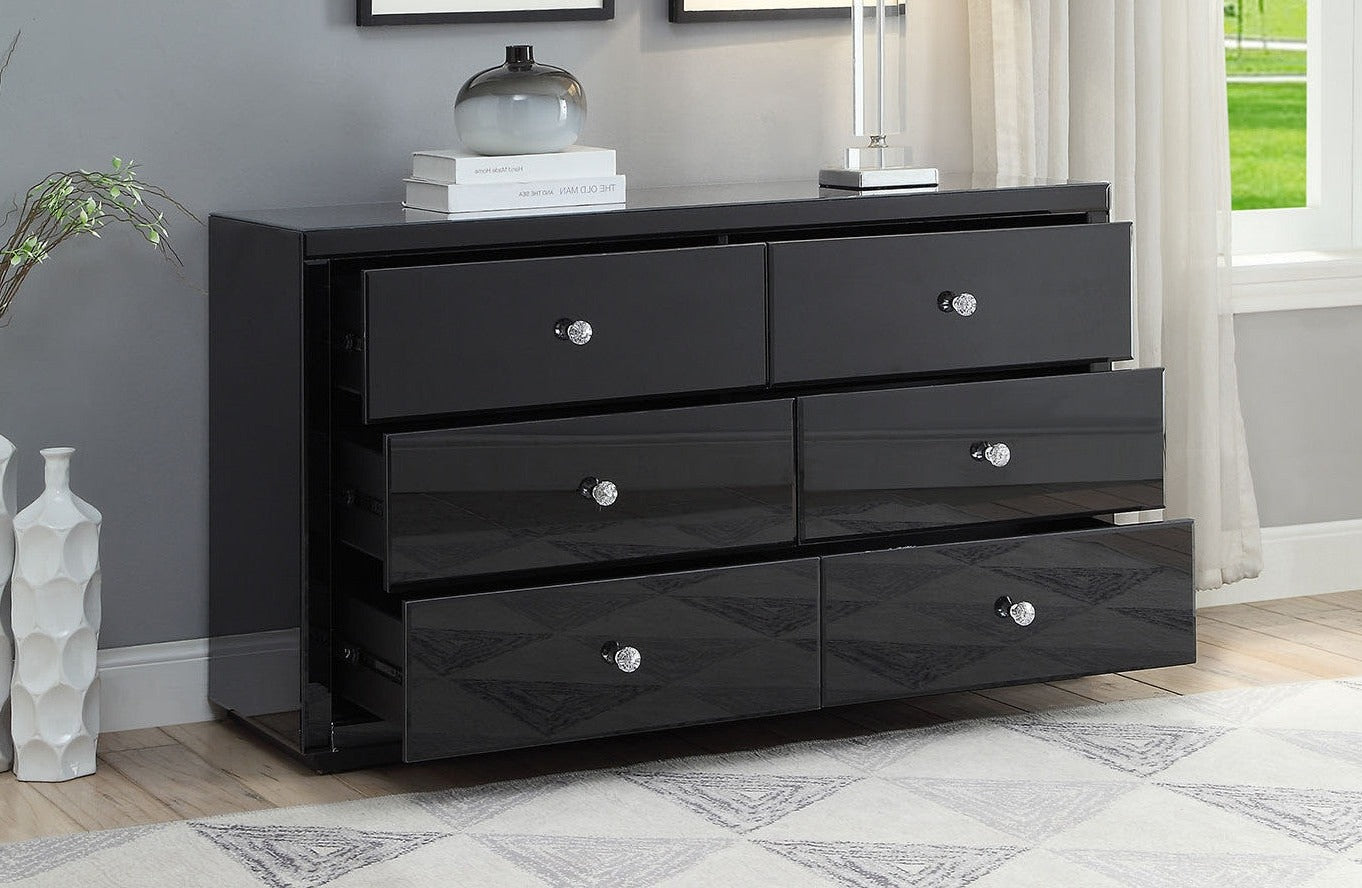 VENICE Black Glass Dressing Table Low Chest 6 Drawers