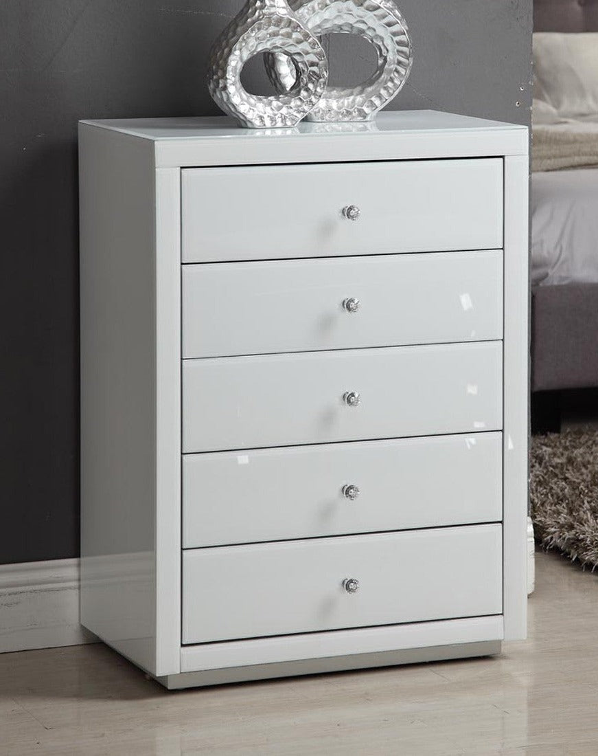 VENICE White Glass Mirror Tallboy 5 Drawer