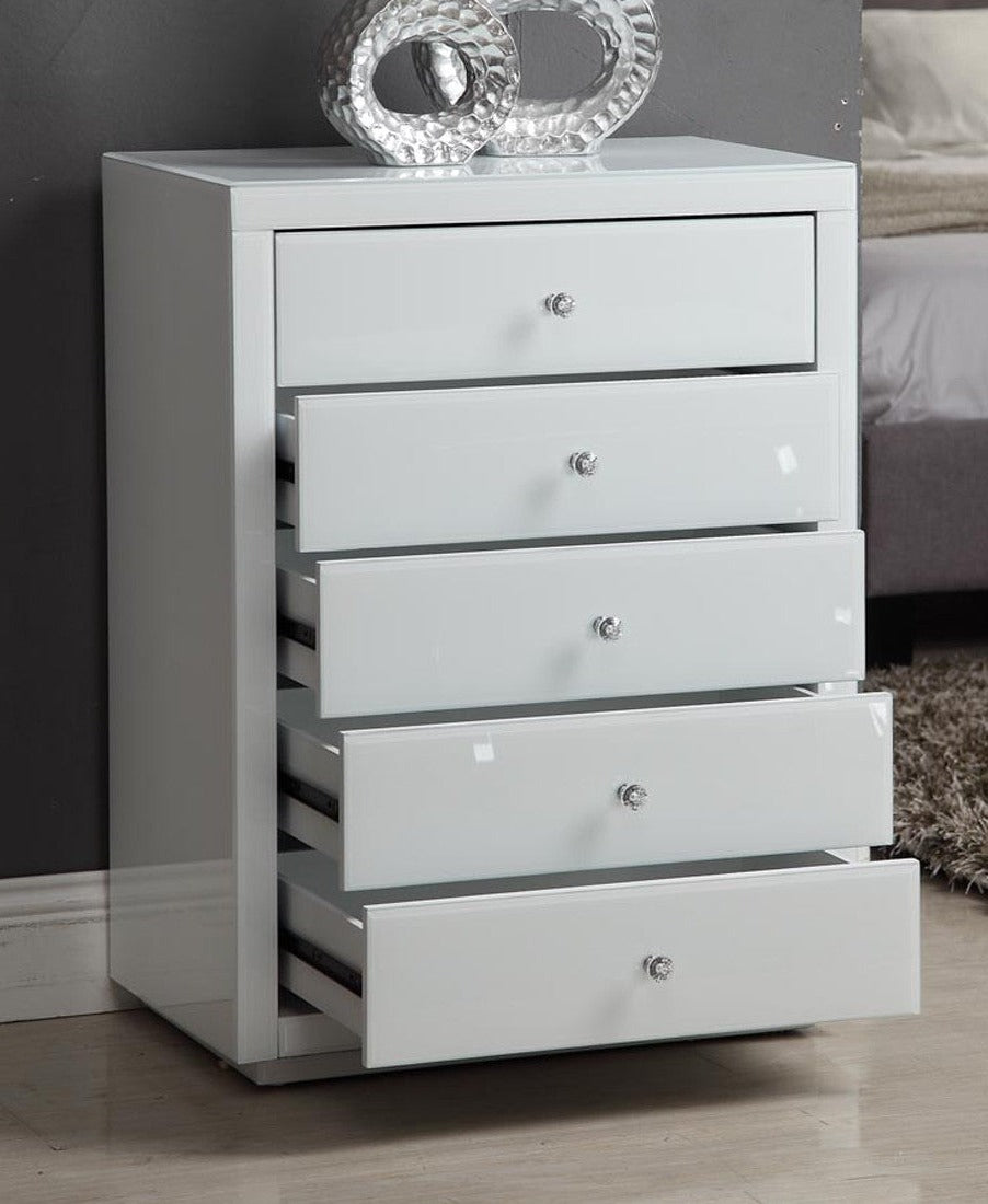 VENICE White Glass Mirror Tallboy 5 Drawer