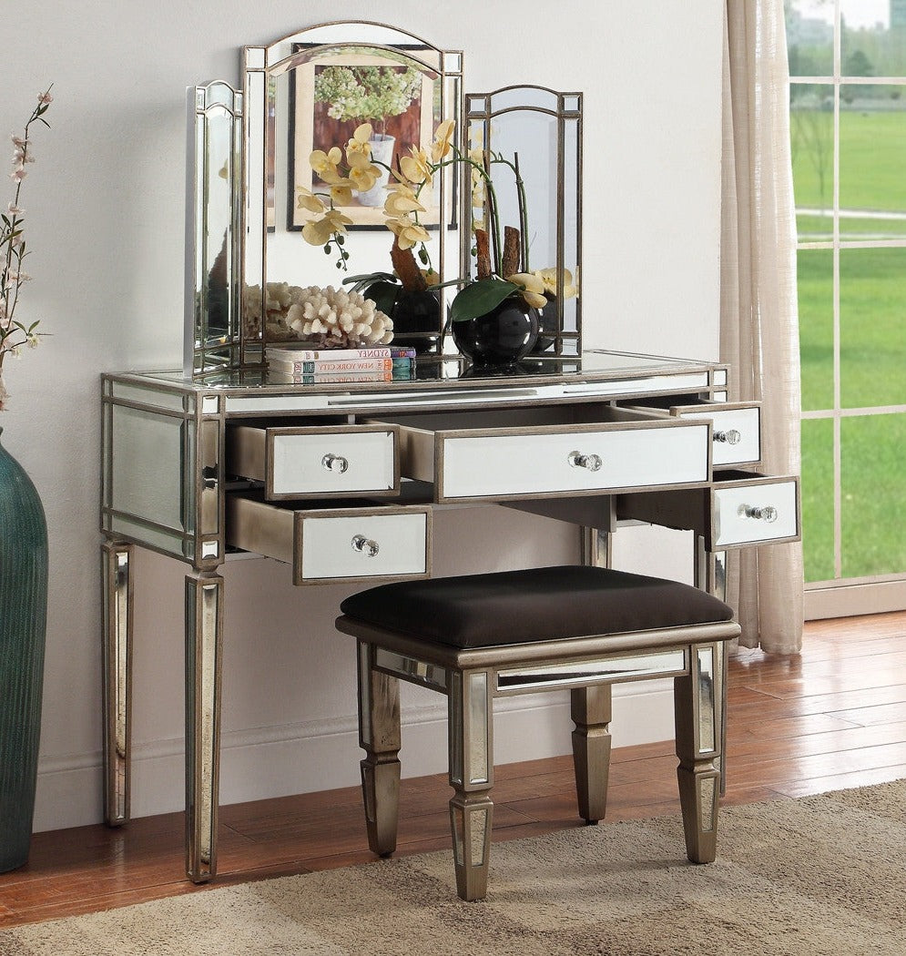 ROCHELLE Mirror Dressing Table 5 Drawers Antique Brushed Silver Wood Frame