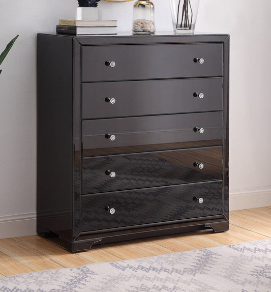 BOULEVARD Black Glass Tallboy 5 drawers