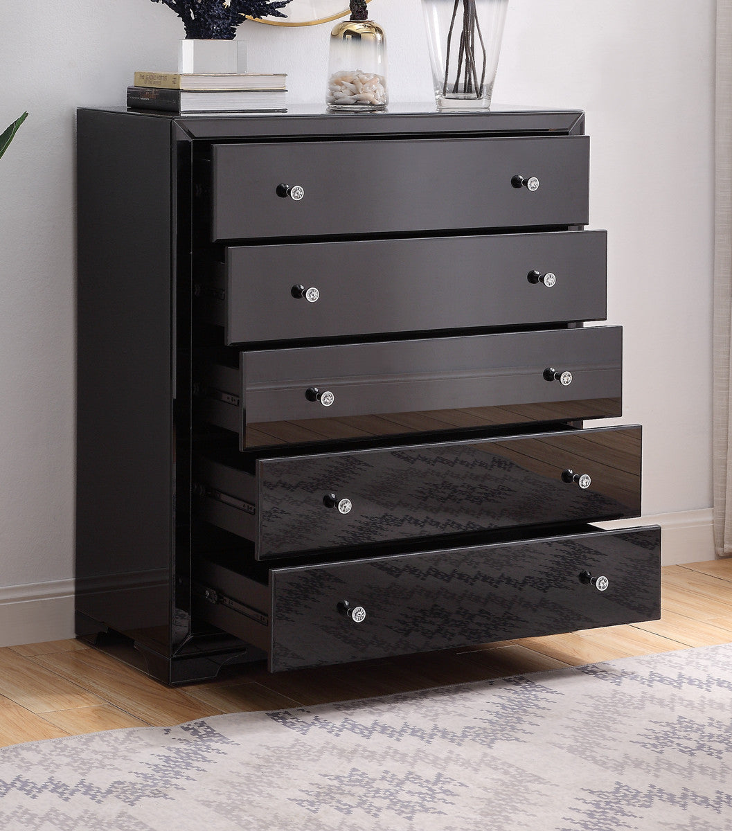 BOULEVARD Black Glass Tallboy 5 drawers