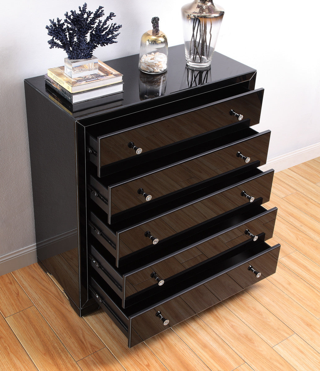 BOULEVARD Black Glass Tallboy 5 drawers