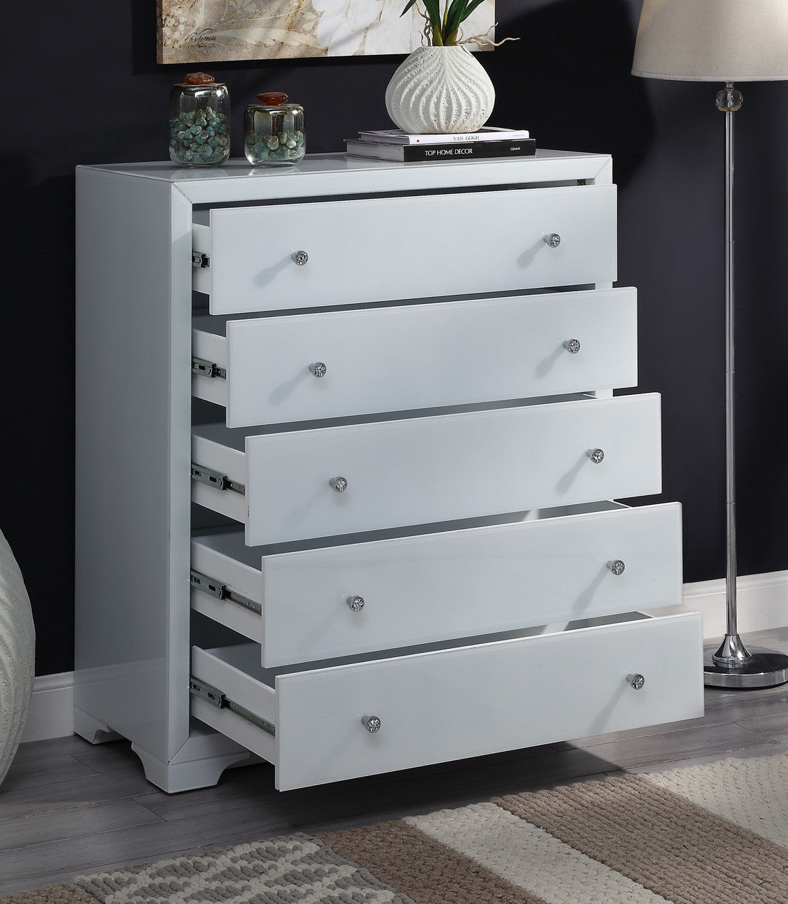 BOULEVARD White Glass Tallboy 5 drawers