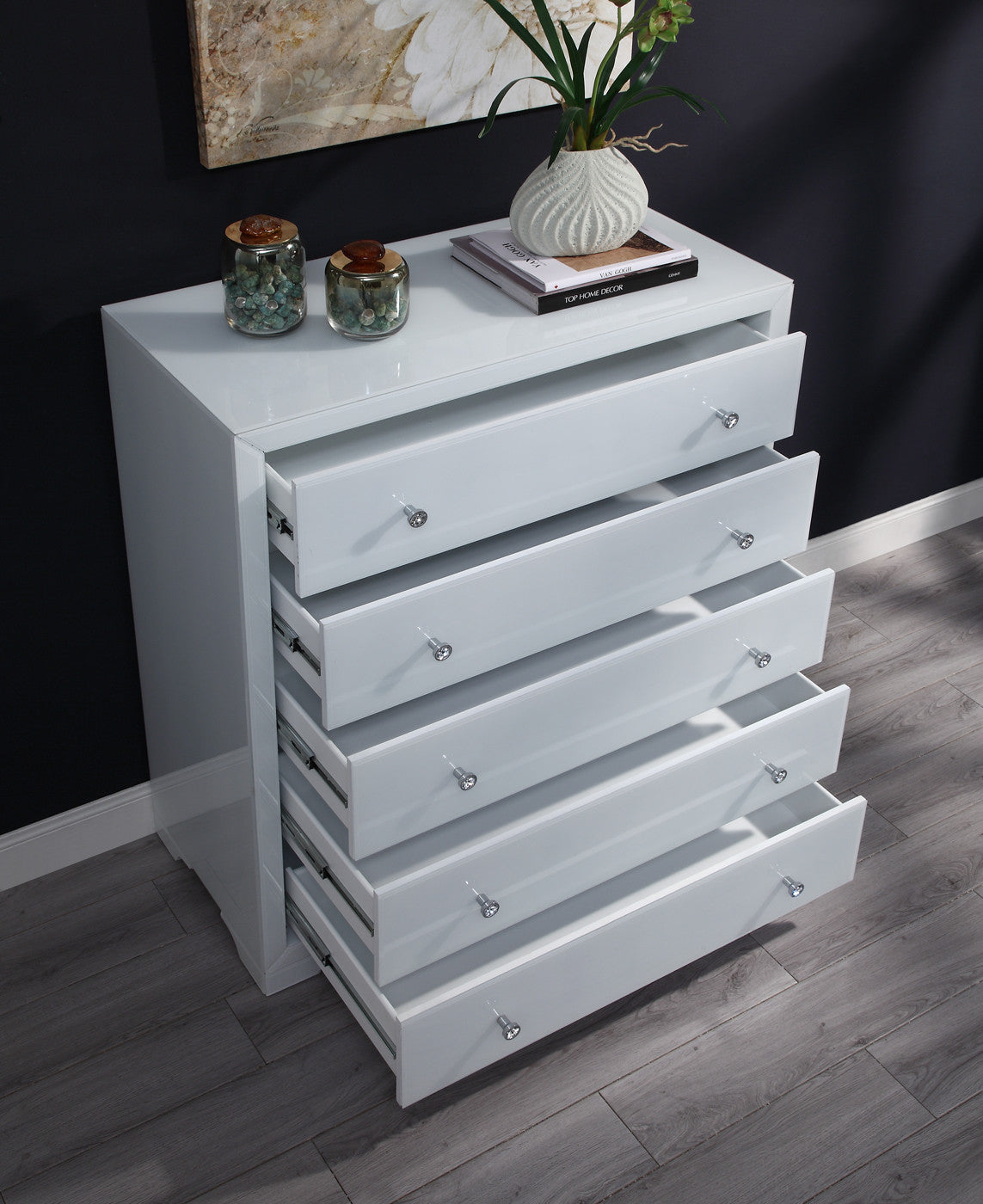 BOULEVARD White Glass Tallboy 5 drawers