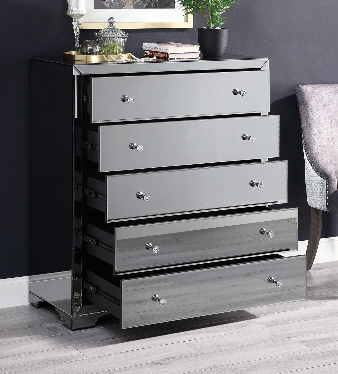 BOULEVARD Smoke Mirror Tallboy 5 drawers