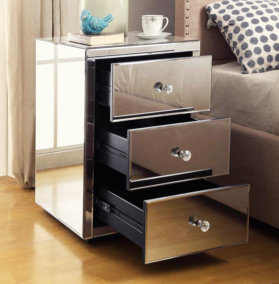 VENICE Silver Mirrored 3 Drawer Bedside Table