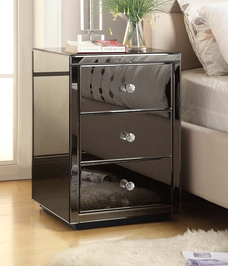 VENICE SMOKE Mirrored 3 Drawer Bedside Table