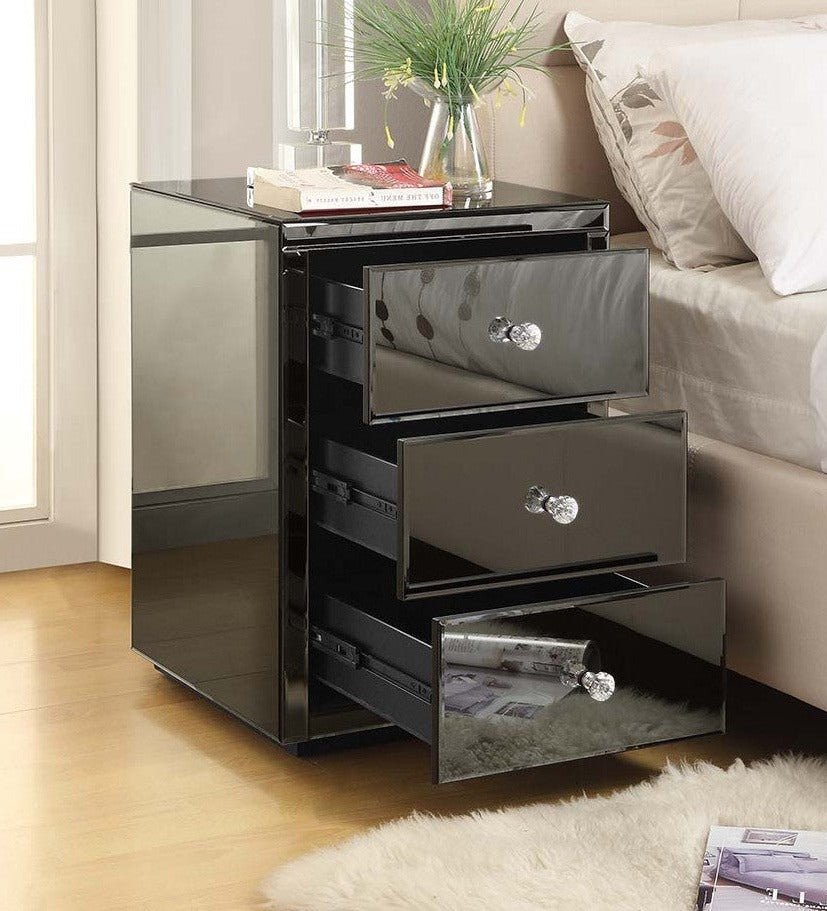 VENICE SMOKE Mirrored 3 Drawer Bedside Table