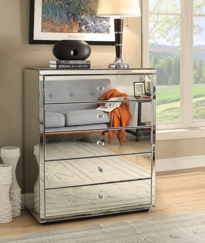 VENICE Silver Mirror Tallboy 5 Drawer