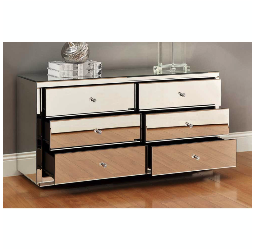 VENICE Silver Mirror Dressing Table Low Chest 6 Drawers